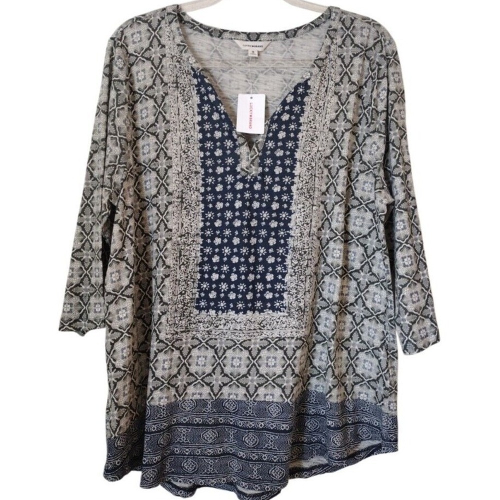 Lucky Brand Blouse Woman 1X Multicolor Boho‎ Knit Top Tunic 3/4 Sleeve Floral